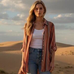 Coldwater Creek Striped Shirt Women XL Multi Cotton Boho Casual Classic Artsy